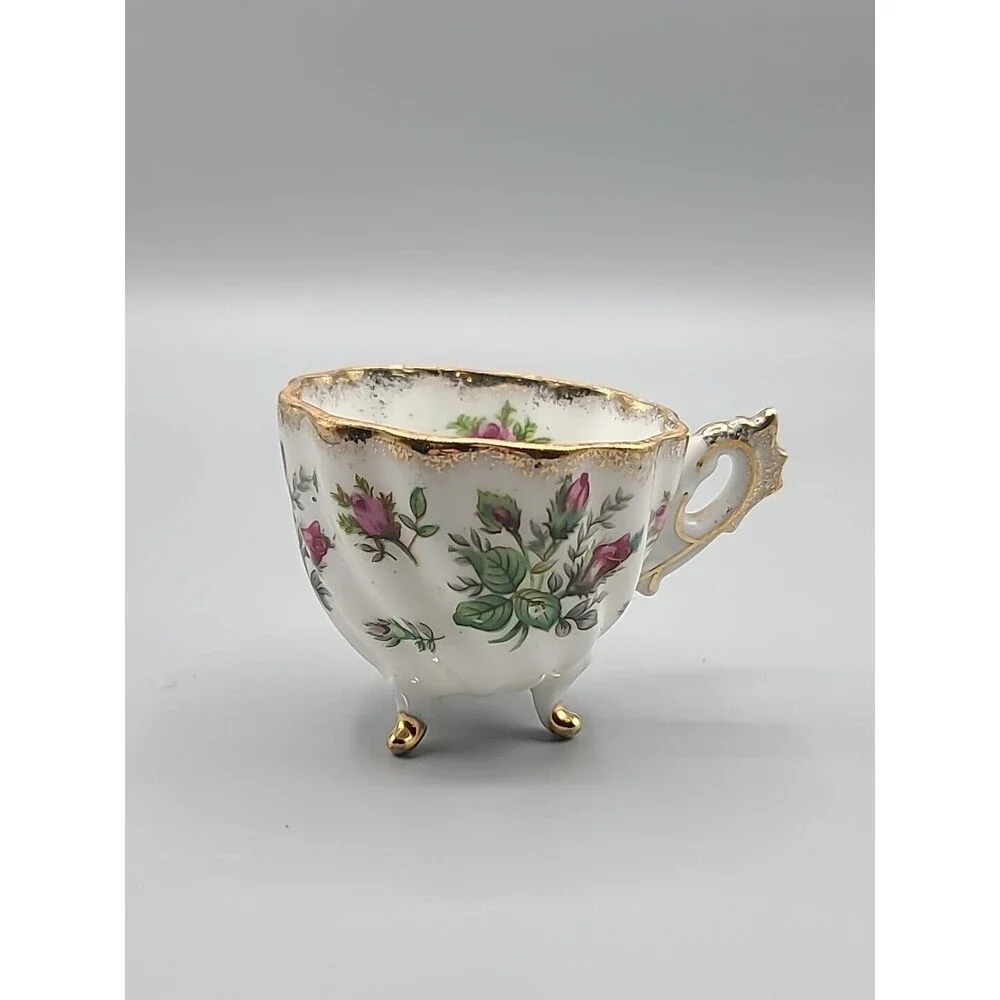Relco Vintage Tri Footed Teacup Pink Roses Swirl Design Gold Trim